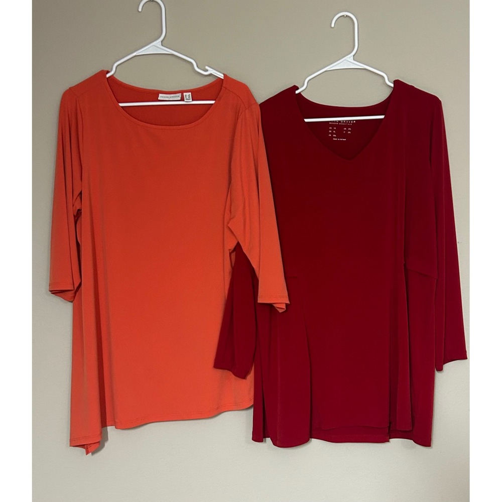 Susan Graver Liquid Knit Tops Lot 2 1X Orange Scoop Neck Red V-Neck Tunic Plus